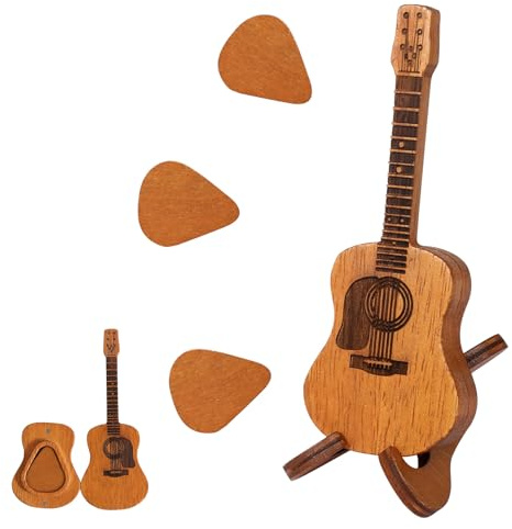 Wooden Plectrum Holder - Acoustic Guitar Pick Case With 3 Picks - Mini Guitar Box - Music Art Gift for Ukulele & Bass Players