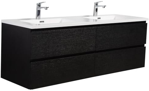Badplaats B.V. Badezimmer Badmöbel-Set Angela 140cm - Schwarz Holz - Unterschrank Schrank Waschbecken Waschtisch