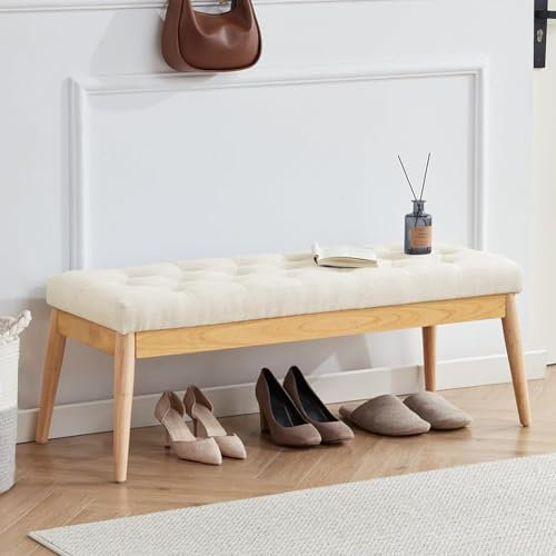 BAKAJI Panca Fondoletto in Tessuto con Struttura Legno, Cassapanca Pouf Camera da Letto, Ingresso, Ufficio, Cameretta, Soggiorno, Salotto, Panchina Ottomana Imbottitura Alta Densità (Beige)