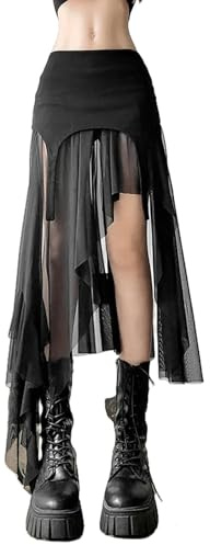 BINFC Gonna Lunga Donna Goth Dark Cyber Irregolare Orlo A metà Gonne Harajuku Fashion Streetwear Mesh Alt Bottoms Gonna Punk per Donne-Nero-s