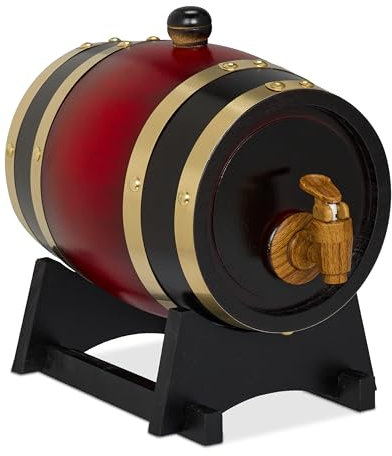 Relaxdays Botte per Liquori, Mini Barile in Legno da 1,2 Litri, con Rubinetto e Supporto, per Whisky, Vino, Rosso Nero