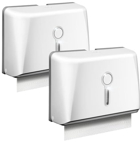 2 Pack Paper Towel Dispenser Wall Mount, Sunoyar C Fold Z Fold Trifold Commercial Paper Towel Dispenser Wall for Bathroom with Lock, No Drilling Wall Hand Paper Towels Dispenser White