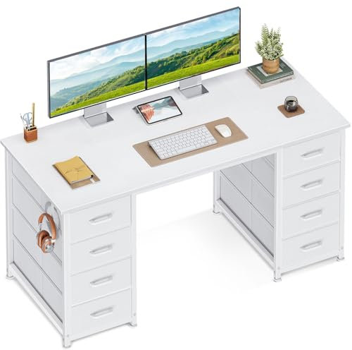 Coleshome Schreibtisch mit 8 Stoff Schubladen, 120x48cm Schreibtisch Weiß mit Stauraum Computertisch mit Kopfhörer, Bürotisch PC Tisch Officetisch für Büro, Wohnzimmer, Home Office