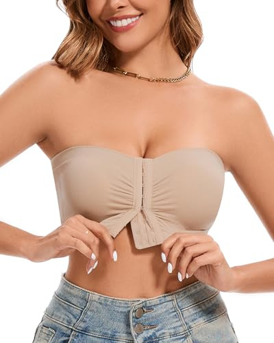 WOWENY Trägerloser BH ohne Bügel mit Frontverschluss Push Up BH für Damen Rückenfreier BH, Hautfarben, Nahtloser BH für große Größen,Beige,M
