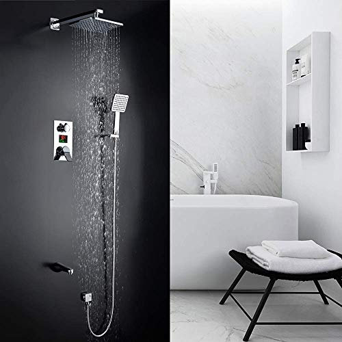 PUFAHAU Juego de Grifo de Ducha de latón Cromado para baño, Cabezal de Ducha de Lluvia de Pared, Cuadrado, Pantalla Digital Grande, Sistema de Ducha en Cascada