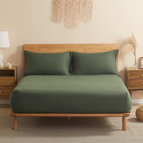 DAPU 100% Leinen Spannbettlaken, Naturfaser Luftiges Kühlendes Sommerbettlaken, Gewaschenes Weiches Spannbetttuch für Hotsleepers, 180×200cm mit 30cm tiefen Tasche, Olivgrün