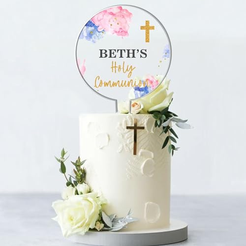 Personalised Religious Cake Topper – Custom Name & Occasion – Christening, Communion or Confirmation – Acrylic Watercolour Design with Cross Cake Decoration (Communion, Pink & Blue)