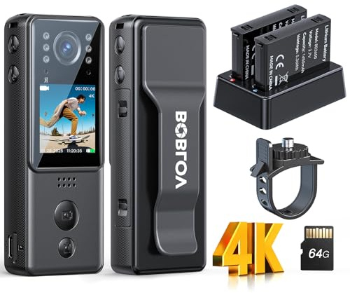 BOBLOV Mini videocamera indossabile con registrazione video e audio, 9 ore di durata della batteria, portatile, per polizia, bici, sport e attività all'aperto, videoregistratore 1080p (64 GB)