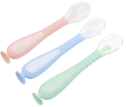 ERINGOGO 3 Stück Fütterlöffel Biegsam Silikon Frei Mit Saugnapf Babys Selbstfütterung Sicher Rosa Blau Grün