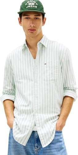 Tommy Jeans Uomo Camicia Stripe Oxford Regular Fit, Verde (Bahama Green Stripe), M