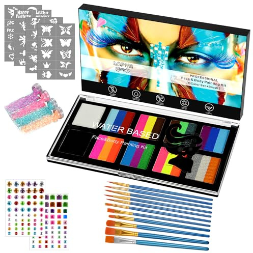 LOPHE Pintacaras Infantil, 26 Colores Pintura Corporal y Facial Profesional, Pintura Cara Niños Hipoalergenica con Pinceles, Plantillas, Diamond Stickers y Brillantina para Halloween Fiesta Carnaval