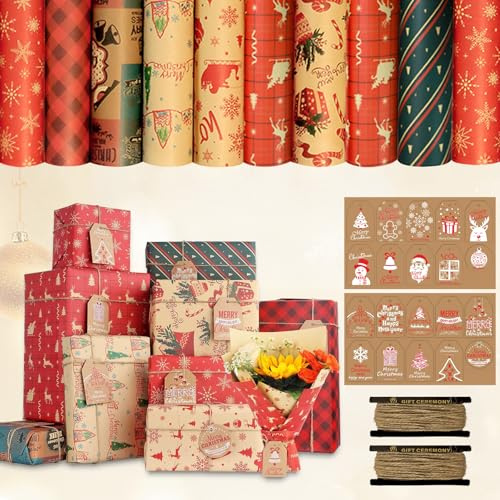 10 Stück Geschenkpapier Weihnachten Kinder Set,Weihnachtspapier Geschenkpapier Kraftpapier mit 20 Geschenkanhänger 2 Juteschnur,Weihnachtsgeschenkpapier für Frauen,Männer,Mädchen und Jungen,70 x 50 cm