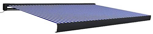 Tenda da sole motorizzata 450 x 300 cm blu e bianco - Tettoia retrattile per patio, impermeabile, protezione UV, facile installazione per spazi esterni