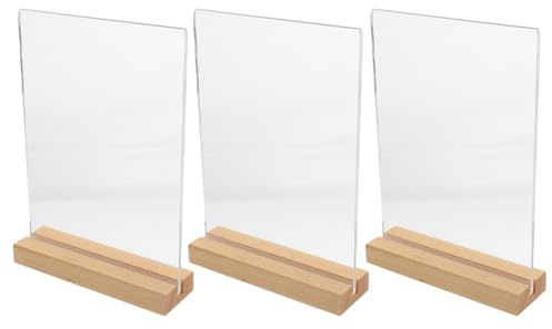 jojofuny Lot de 3 supports de panneau en acrylique avec base en bois, support de carte de table, support de menu transparent, support de papier pour restaurant et mariage, magasin, bureau, hôtel