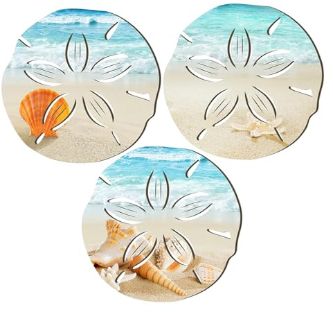 Yixuan 3 Pezzi Decorazione Murale di Legno, Arte Murale a Forma di Dollar di Sabbia, Sculture a Parete Decorative con Tema Costiero Spiaggia, Decorazioni Parete Leggera per Sala, Camera da Letto
