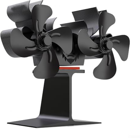 Heat Powered Fireplace Stove Fan, Double Head 8 Blade Aluminium Wood Burner Air Circulator for Efficient Quiet Heating, Automatic Start at 50°C, Improves Fuel Efficiency, Black