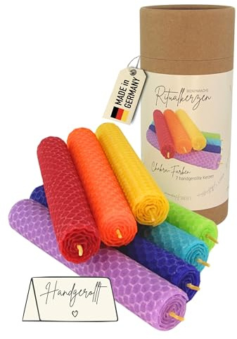Chakra Kerzen Set, 7 Ritualkerzen aus reinem Bienenwachs, handgerollt aus Deutschland, Hanfdochte, ca. 4 Stunden Brenndauer, Stabkerzen in Chakrafarben für Meditation & Yoga