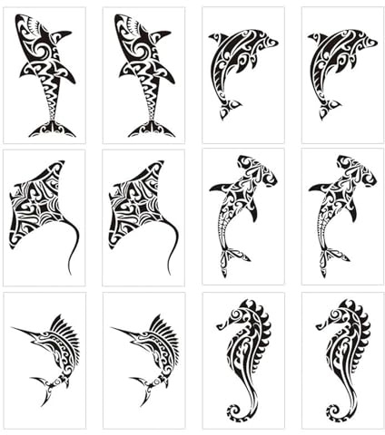 Vesavifaka Tatuajes Temporales, 12 Unidades de Tatuajes Falsos para Hombres Adultos, Deseños de Rayas Maoríes, Tiburón, Ballena, Hipopótamo, Tribales y Hawaianos para Cuello, Brazos, Piernas