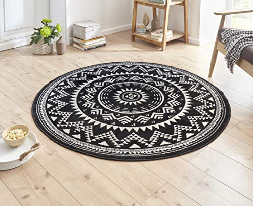 Hanse Home Teppich Valencia Rund – Mandala Teppich Kurzflor Modern Vintage Teppiche für Esszimmer, Wohnzimmer, Kinderzimmer, Flur, Schlafzimmer, Küche – Schwarz Creme ø140cm