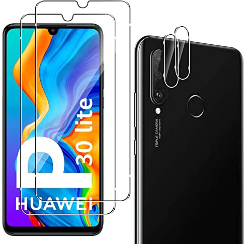 QULLOO Schutzfolie für Huawei P30 Lite / P30 Lite New Edition, 2 Stück Displayschutzfolie mit 2 Stück Kameraschutz [9H Härte Gehärtetes Glas ][HD Klar Schutzglas][Anti-Kratzen Folie]
