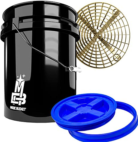 Detailmate Set di secchi per lavaggio professionale Magic Bucket 5 GAL (circa 20 litri), coperchio per secchio Gamma Seal blu, inserto per sporco GritGuard oro