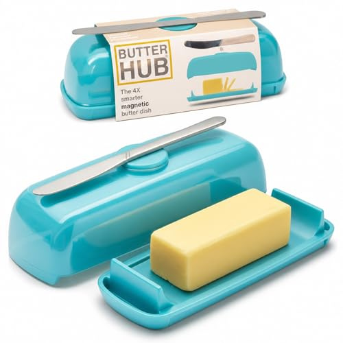 Butter Hub Butter Dish with Lid and Knife, Magnetic Butter Keeper, Easy Scoop, No Mess Lid, Dishwasher Safe (Aqua)