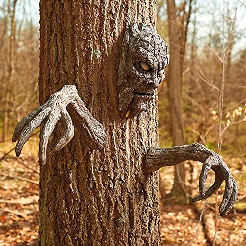 SOBW Halloween Baumgesicht, Baum Rinde Gesicht, Gartendeko, Freiluft Skulptur, Baumstamm Deko, wetterfest, Baumdeko zum Hängen, Gartendeko