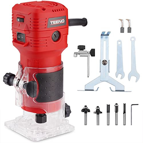 TEENO Compact Electric Hand Wood Trimmer 650W 15000-32000 RPM,6 Variable Speeds,Profession Router Trimmer with 1/4 Shank Router Bits,Includes Base 6.35mm