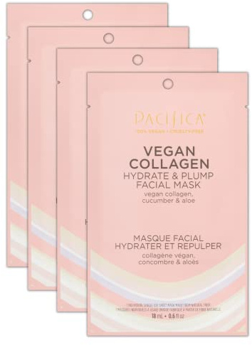 Pacifica Vegan Collagen Hydrate & Plump Face Mask 4-Pack – Hydrating & Plumping Peptide-Infused Sheet Mask for Dewy Skin, with Vegan Collagen, Cucumber & Aloe, Clean Beauty Skincare​
