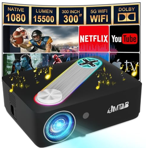 JIMTAB M22 Pro Vidéoprojecteur WiFi natif 1080p avec Bluetooth, projecteur d'intérieur portable 5G à courte portée, prend en charge AV, VGA, USB, HDMI, compatible avec Xbox, ordinateur portable