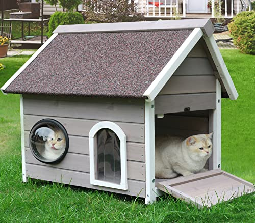 Rockever Outdoor Cat House, Waterproof Feral Cat House for Outdoor Cats with Escape Door and Clear Windows for 2 Cats (Grey)