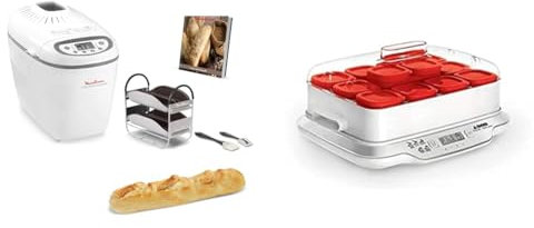 Moulinex Home Bread Baguette Machine à pain, 16 programmes, Résultats homogènes, Jusqu'à 1,5 kg de pain frais & Seb Yaourtière 12 pots, Pots verre 140 ml, 5 programmes automatiques, Sans BPA, Compact