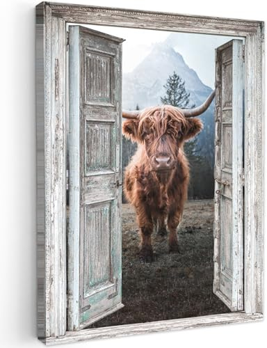 MuchoWow© Bilder Wohnzimmer Deko Modern Wandbild Foto auf Leinwand Bild | 60x80 cm - Schlafzimmer Room Decor Geschenke Schottische Highlander - Kuh - Landleben - Fensterblick