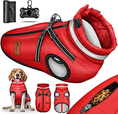 TRESKO® Hundejacke Winter mit Reflektoren inkl. 15 Stück Kotbeutel + Spender | Hunderegenmantel wasserdicht | Hundemantel mit Geschirr | Hunde Winterweste gefüttert (M, Rot)
