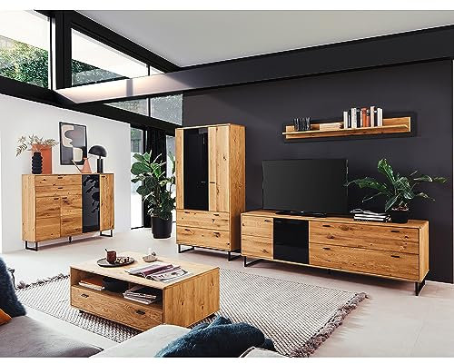 Lomadox Wohnwand Wohnzimmermöbel Set braun 5-teilig Wildeiche Teilmassiv | 1 Highboard, 1 Vitrine, 1 TV-Lowboard, 1 Wandboard, 1 Couchtisch