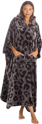 BRANDBUYS Übergroße Decke für Damen, Kapuzenpullover, tragbarer Poncho, Überwurf mit Taschen, Ärmeln, weiches Fleece, tragbarer Überwurf, riesiges Sweatshirt, Geschenke für sie, Panther Lang, One size