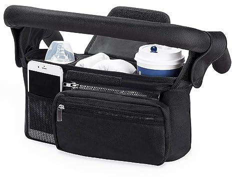 Baby Pushchair Organiser, Pram Bag Stroller Organizer with Detachable Zippered Pocket & Adjustable Shoulder Strap, Pram Buggy Storage Bag with 3 Insulated Cup Holder, Universal Fit All Buggy Models