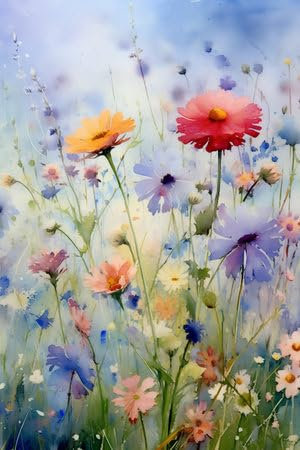 adrium Holz-Bild 50 x 80 cm: Aquarellmalerei von Blumen, Gänseblümchen und Kornblumen (212237892)