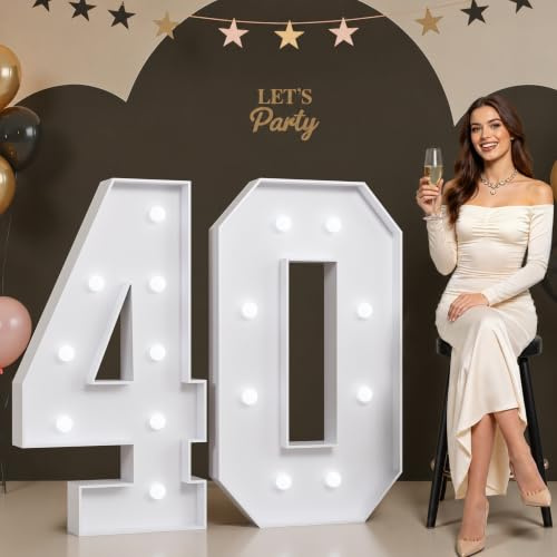 Mixifox 3FT Large Light Up Numbers 40, Big Numbers for Birthday Decorations | 40th Birthday Anniversary Party Decor Light Up Pre-cut Foam board Assembly Required Warm White Light 41 Pcs Accessory Set
