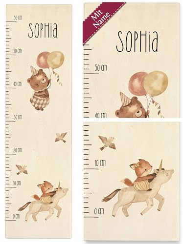 Messlatte Kind Holz - Tiere - Boho Bär Einhorn und Fuchs Babymesslatte Kinder Jungen Mädchen - 0-60 cm - Holz - 160 tier baby meßlatte größe eichhörnchen waldtiere metermaß aus messbrett