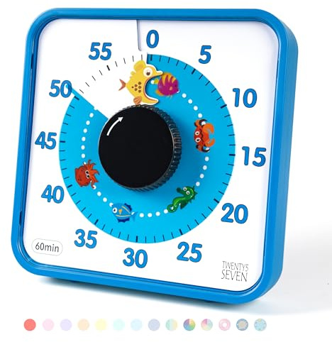 Minuteur visuel de 19 cm, compte à rebours de 1 heure, minuterie de cuisine, alarme sonore 60 minutes, pour enseignement en classe, devoirs, jeux, cuisine, bureau, réunion, motif poisson bleu