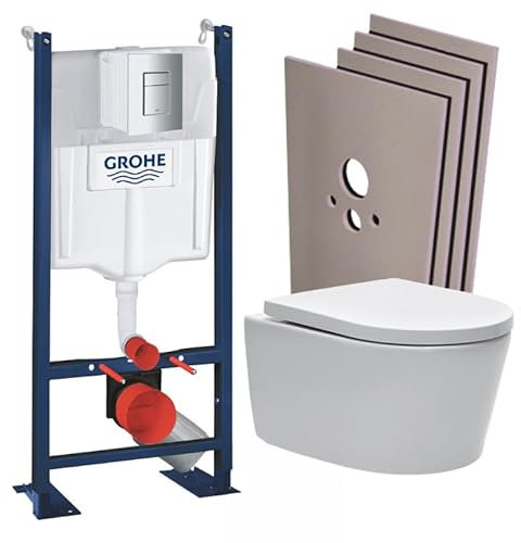 WC Suspendu Pack Complet Accessoires - Pack Grohe Bâti autoportant, WC sans bride, fixations invisibles, Abattant softclose, Plaque chrome mat, Set habillage, Abattant WC,Cuvette Toilette
