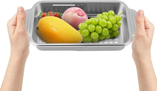 vinnyooc Escurreplatos extensible de acero inoxidable 304, cesta de colador extensible, soporte de cocina, soporte para fregadero, doble asa, orificios de expansión ampliados