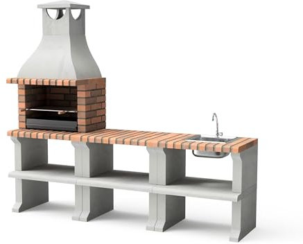 MOVELAR - Barbacoa de Obra Prefabricada para Leña y Carbón Modelo RAGUSA - (Gris/Terracota - 228 x 58 x 207 cm) REF: M00904 - Uso en Exteriores (PACK 3)