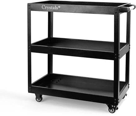 Crystals Tool Trolley on Wheels, 3-Tier Tool Storage Organiser with Lockable Wheels, Garage Tool Service Cart with Handle, Workshop DIY Storage Trolley (Black)