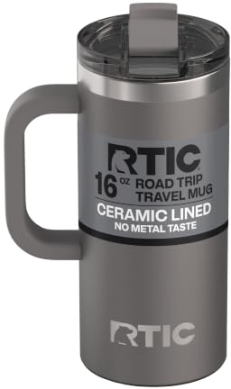 RTIC 16oz Road Trip Travel Mug with Lid and Handle, Ceramic Lined, Graphite