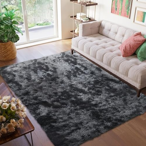 CUIMEI Teppich Schlafzimmer Läufer 150 x 180 cm, Flauschiger Große Größe, Waschbar Und rutschfest Langlebig, Faltbar, für Esszimmer Teppich Fellteppich Kunstfell, Dunkelgrau