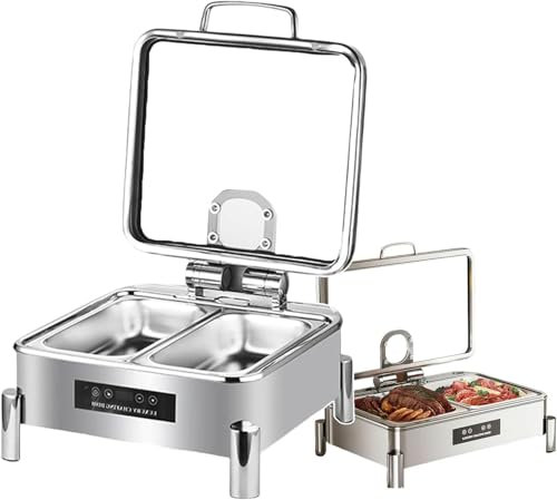 AFLEPCBRQ Chafing Dish Buffet Warmer Electric Stainless Steel Buffet Heater with Transparent Lid Top for Wedding Or Catering Event, Temperature Range: 30-90°C - Single Grid/Double Grid,2-grid