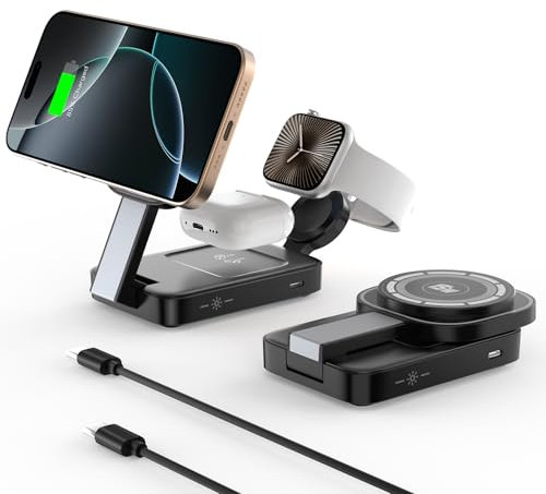 COCIVIVRE 3 in 1 Wireless Charger for Magnetic,Foldable Charging Station with Light Compatible with iPhone 17Pro/17Air/16/16 Pro Max/15/14/13,Apple Watch 10/Ultra 2/9/8/7/6/SE,Air Pods Pro/4/3/2