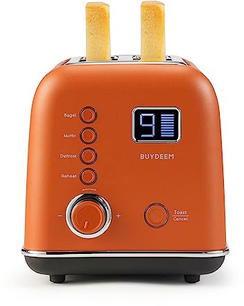 BUYDEEM Grille-pain motorisé à 2 tranches, style rétro avec compte à rebours LCD, plateau à crumb amovible et 9 réglages de toast, pour bagels, gaufres, muffins - Rouge koï